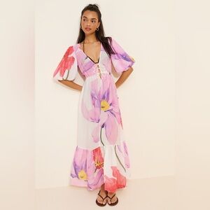 Aureta, sold by Anthropologie Floral Puff Sleeve Maxi Dress Front Tie Size L